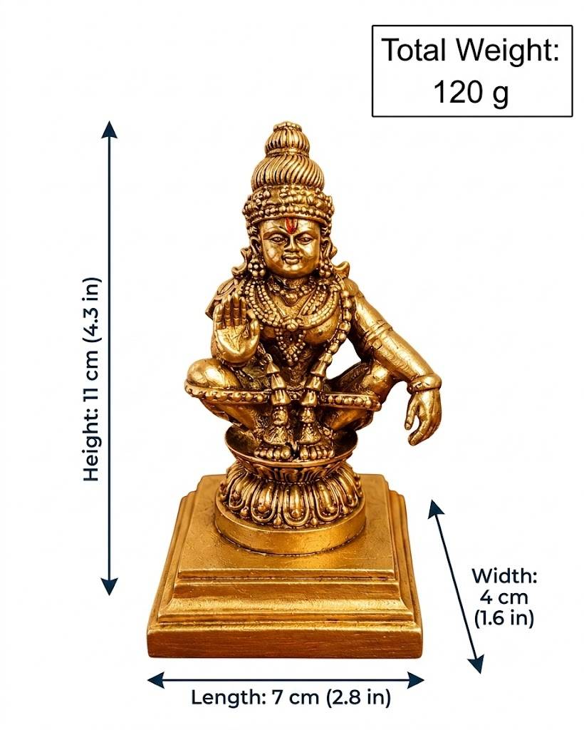 O Kalasha Premium Mini Resin Lord Ayyappan Idol – 11cm Antique Gold Finish Swami Ayyappa Statue for Car Dashboard & Mandir